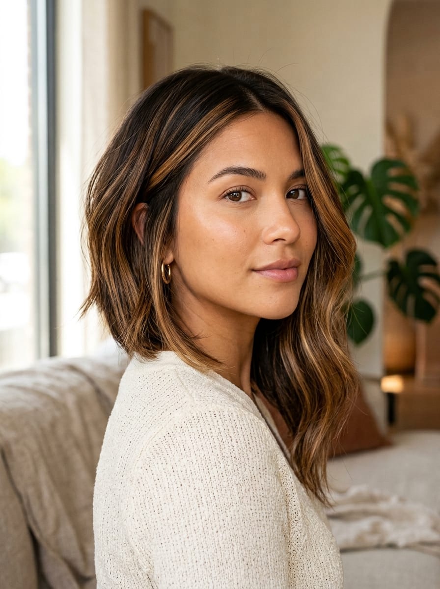 Asymmetrischer Bob mit karamellfarbenen Highlights - Asymmetrischer Bob